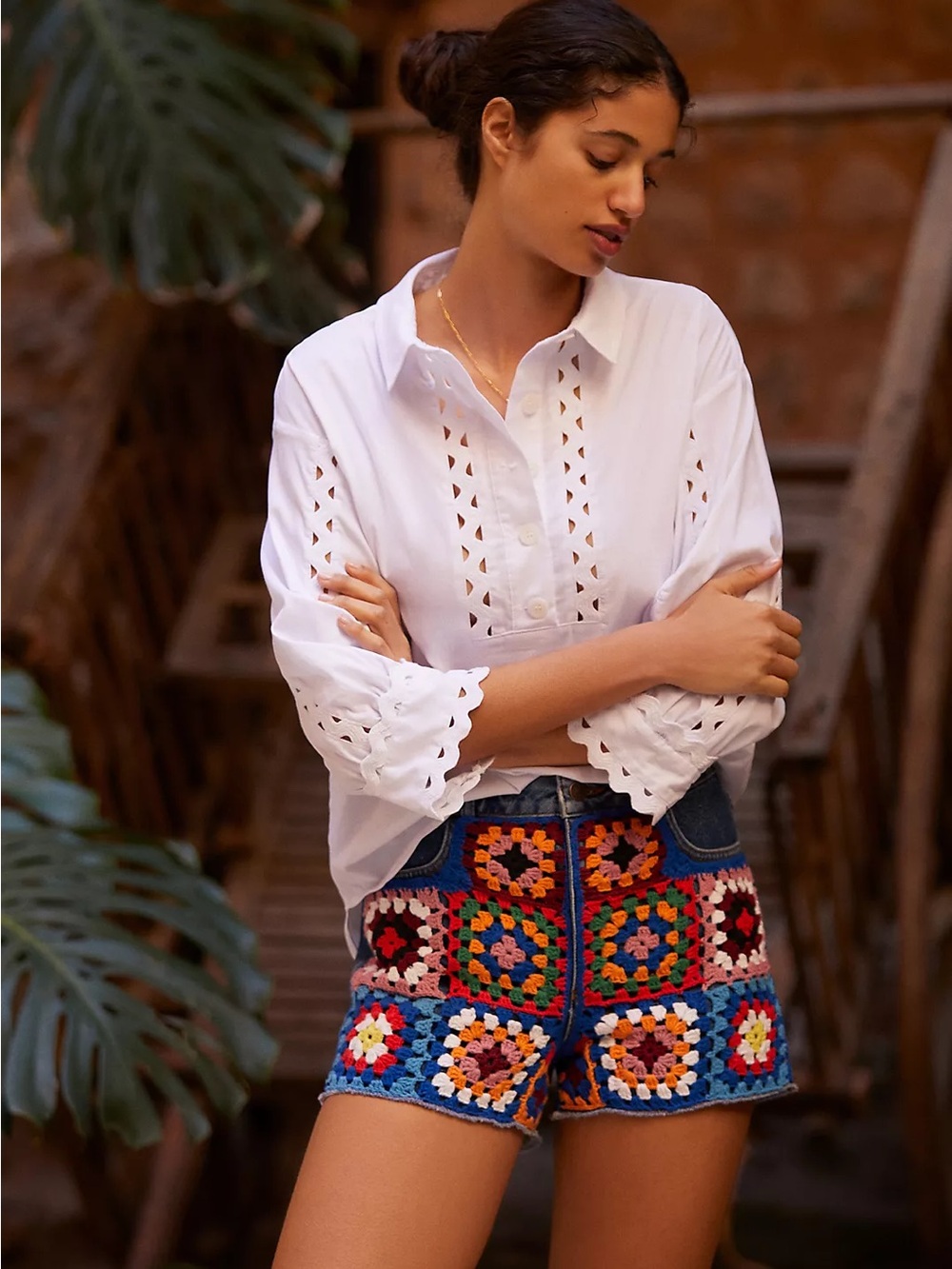Farm Rio - Anthropology Ultra High-Rise Crochet Denim Shorts